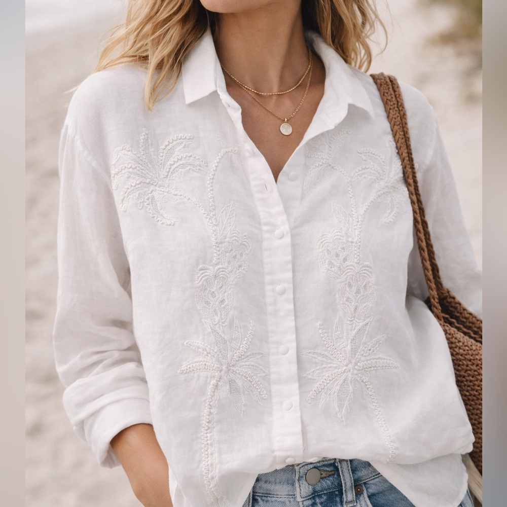 White Embroidered Linen Button-Up Shirt - Women
